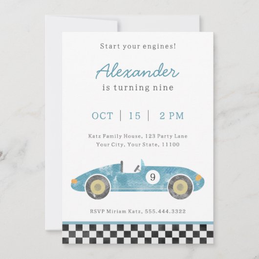 Blue race auto verjaardagsuitnodiging aankondiging (Voorkant)