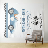 Blue Race Car 1st Birthday Photo Backdrop Wandkleed (In Situ (horizontaal))