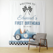 Blue Race Car 1st Birthday Photo Backdrop Wandkleed (In situ)