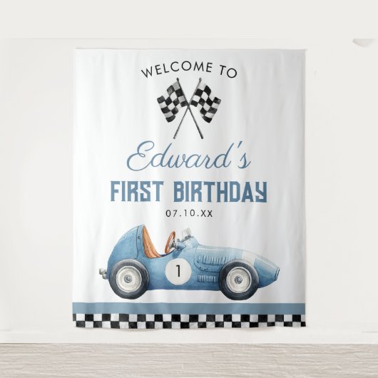 Blue Race Car 1st Birthday Photo Backdrop Wandkleed (Voorkant)