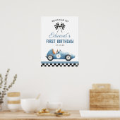 Blue Race Car 1st Birthday Welcome Sign Poster (Keuken)