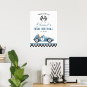 Blue Race Car 1st Birthday Welcome Sign Poster (Thuiskantoor)