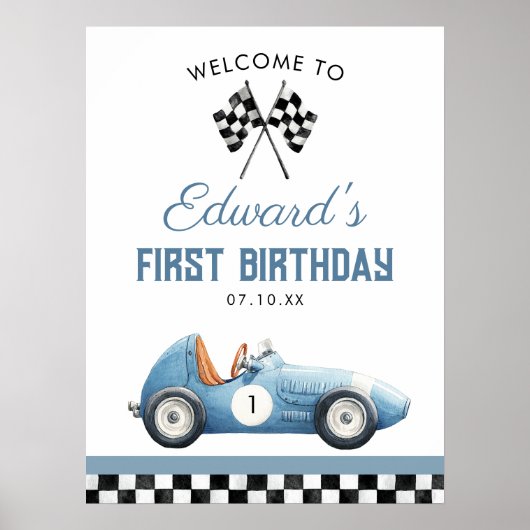 Blue Race Car 1st Birthday Welcome Sign Poster (Voorkant)