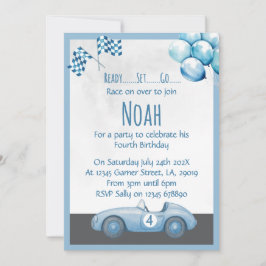 Blue Race Car 4th Birthday Party Invitation Kaart