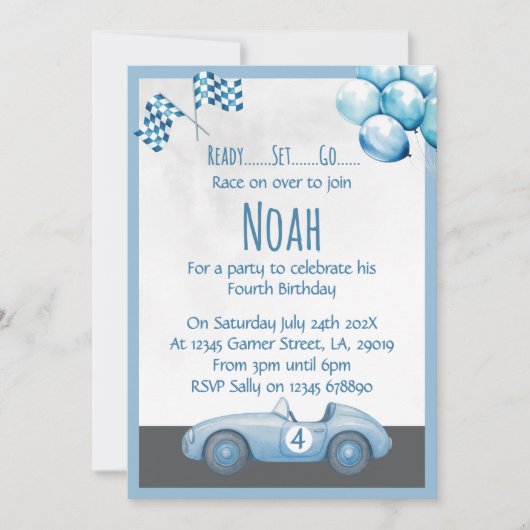 Blue Race Car 4th Birthday Party Invitation Kaart (Voorkant)