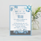 Blue Race Car 4th Birthday Party Invitation Kaart (Staand voorkant)