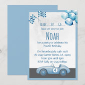 Blue Race Car 4th Birthday Party Invitation Kaart (Voorkant / Achterkant)