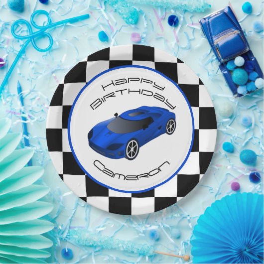 Blue Race Car | Aangepaste geboortedag Papieren Bordje (Feest)