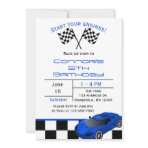 Blue Race Car | Aangepaste uitnodiging voor kinder