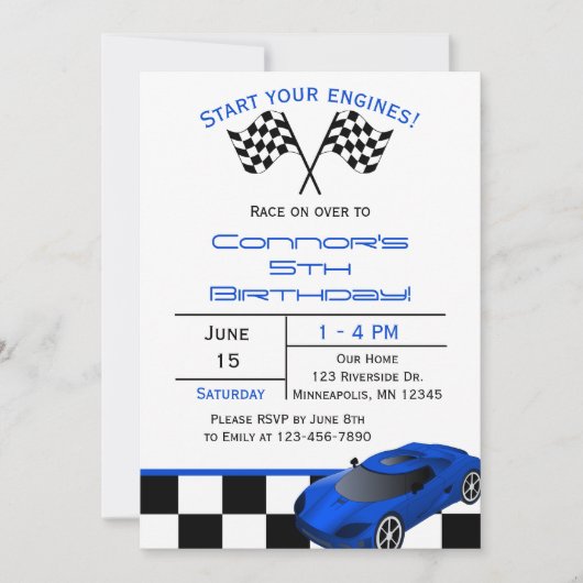 Blue Race Car | Aangepaste uitnodiging voor kinder (Voorkant)