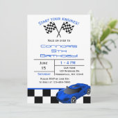 Blue Race Car | Aangepaste uitnodiging voor kinder (Staand voorkant)