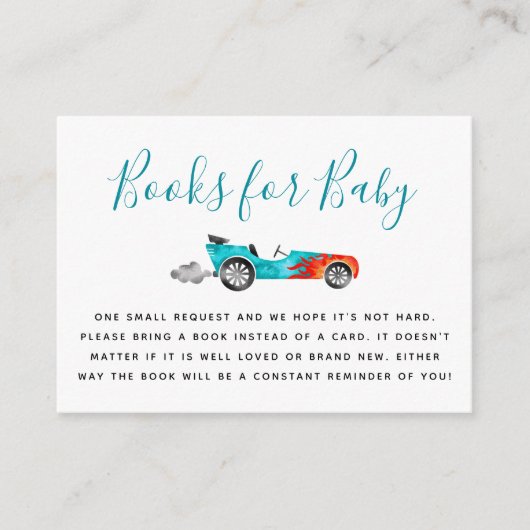 Blue Race Car Baby shower Boekaanvraag Informatiekaartje (Voorkant)