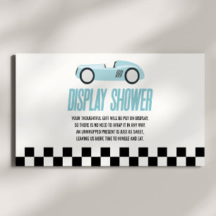 Blue Race Car Baby shower Display Douche Informatiekaartje