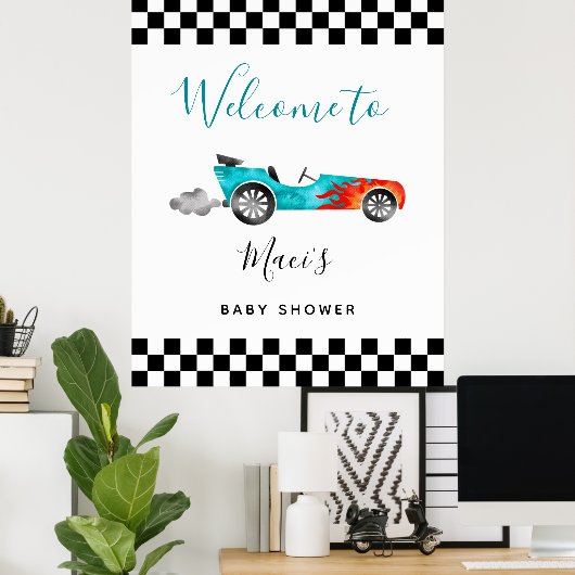 Blue Race Car Baby shower Welcome Sign Poster (Thuiskantoor)