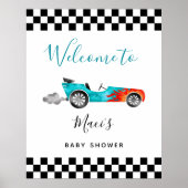 Blue Race Car Baby shower Welcome Sign Poster (Voorkant)