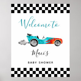 Blue Race Car Baby shower Welcome Sign Poster