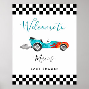Blue Race Car Baby shower Welcome Sign Poster