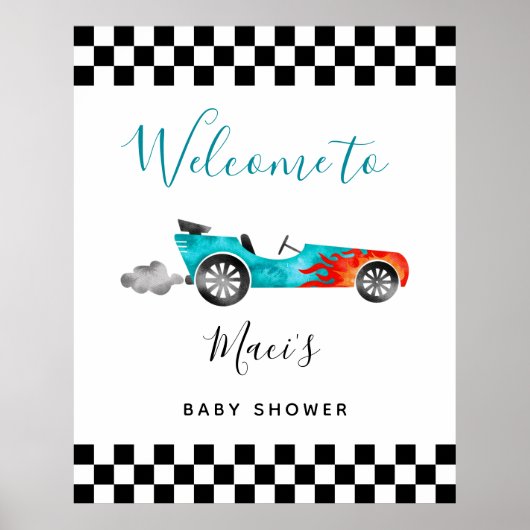 Blue Race Car Baby shower Welcome Sign Poster (Voorkant)