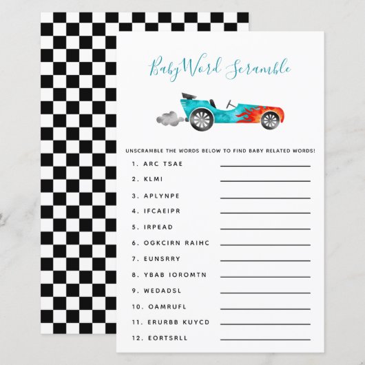 Blue Race Car Baby Word Scramble Game (Voorkant / Achterkant)