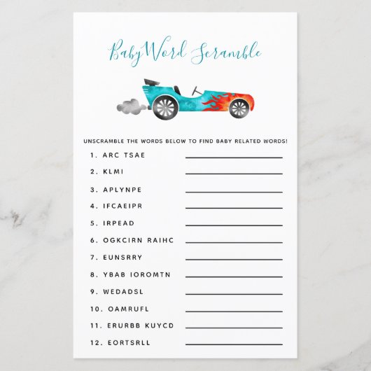 Blue Race Car Baby Word Scramble Game (Voorkant)