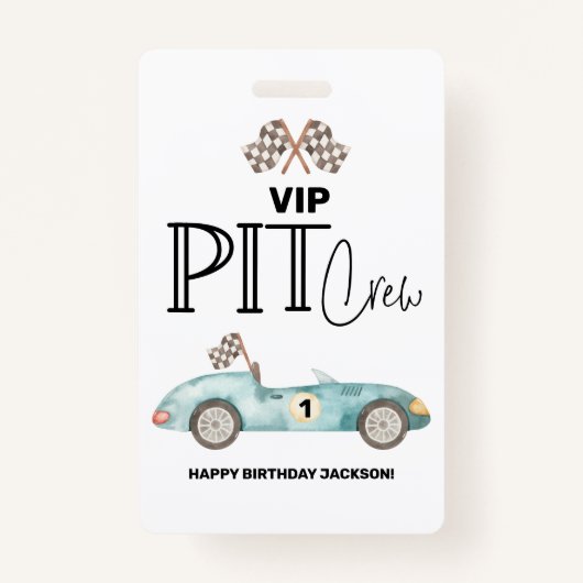 Blue Race car Birthday, any age, VIP PIT CREW Badge (Voorkant)