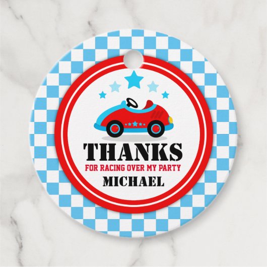Blue Race Car Birthday Baby shower Party Bedankjes Labels (Voorkant)