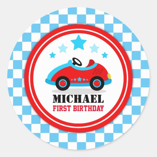 Blue Race Car Birthday Baby shower Party Ronde Sticker (Voorkant)