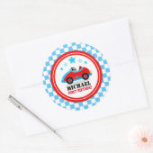 Blue Race Car Birthday Baby shower Party Ronde Sticker (Envelop)