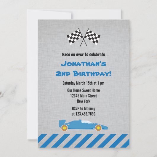Blue Race Car Birthday Party Invitation Kaart (Voorkant)