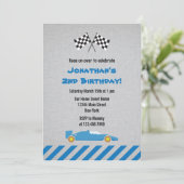 Blue Race Car Birthday Party Invitation Kaart (Staand voorkant)