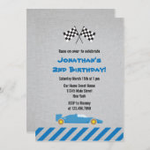 Blue Race Car Birthday Party Invitation Kaart (Voorkant / Achterkant)