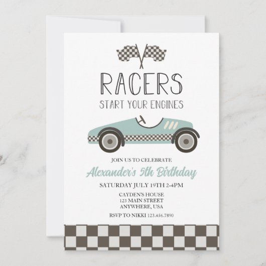 blue  Race Car Birthday Uitnodiging (Voorkant)