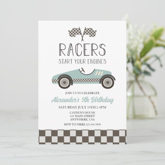 blue  Race Car Birthday Uitnodiging (Staand voorkant)