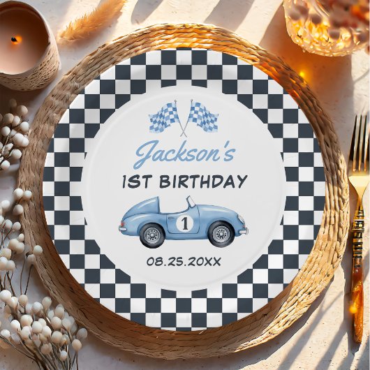 Blue Race Car Boy 1e verjaardag Papieren Bordje