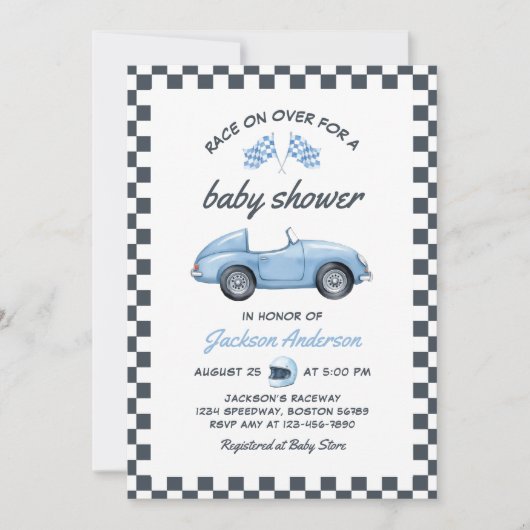 Blue Race Car Boy Baby shower Kaart (Voorkant)