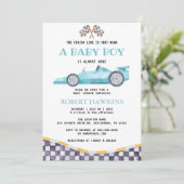 Blue Race Car Boy Baby shower Uitnodiging (Staand voorkant)