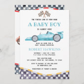 Blue Race Car Boy Baby shower Uitnodiging (Voorkant / Achterkant)