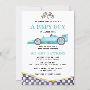 Blue Race Car Boy Baby shower Uitnodiging