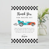 Blue Race Car Boy Birthday Party Bedankkaart (Staand voorkant)