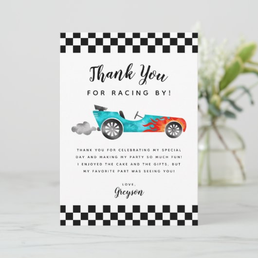 Blue Race Car Boy Birthday Party Bedankkaart (Staand voorkant)