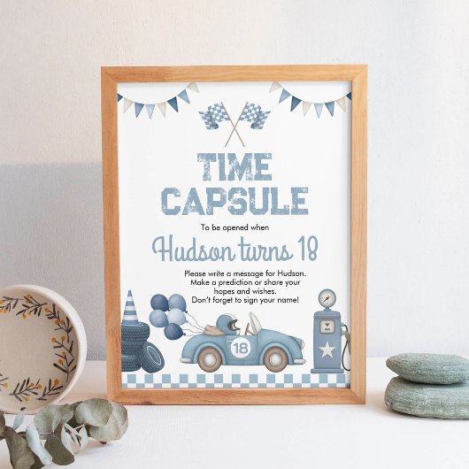 Blue Race Car Boy Birthday Time Capsule Sign Poster