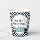 Blue Race Car Boy Racing Two Fast Birthday Party Papieren Bekers (Achterkant)
