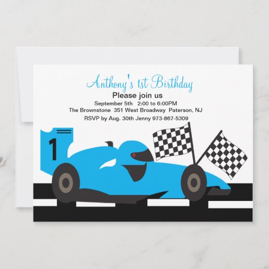 Blue Race Car Boys First Birthday Uitnodiging (Voorkant)