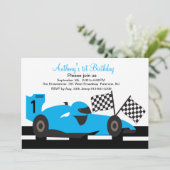 Blue Race Car Boys First Birthday Uitnodiging (Staand voorkant)