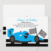Blue Race Car Boys First Birthday Uitnodiging (Voorkant / Achterkant)