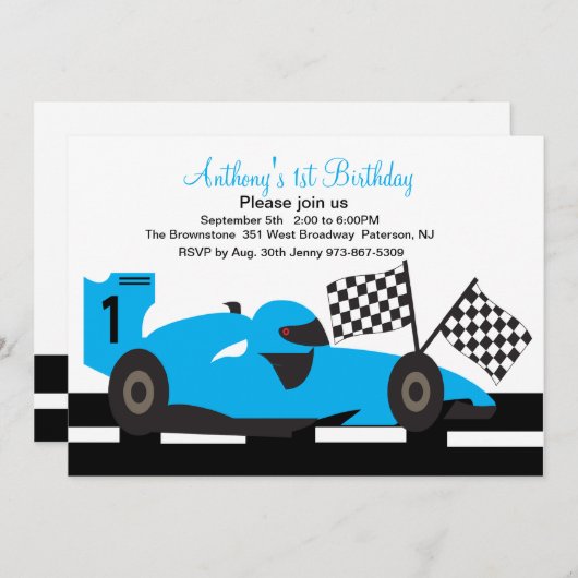 Blue Race Car Boys First Birthday Uitnodiging (Voorkant / Achterkant)