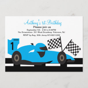 Blue Race Car Boys First Birthday Uitnodiging