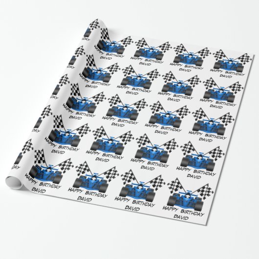 Blue Race Car Cadeaupapier (Uitgerold)