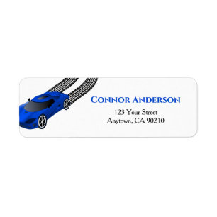 Blue Race Car Etiket Kinder aangepast retouradre