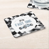 Blue Race Car Fast Een 1e verjaardagsfeestje Kartonnen Onderzetters (Schuin)